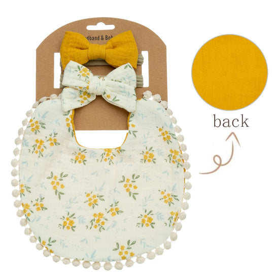 3-Piece Baby Bib & Bow Set – Reversible Cotton Bib with 2 Matching Headbands