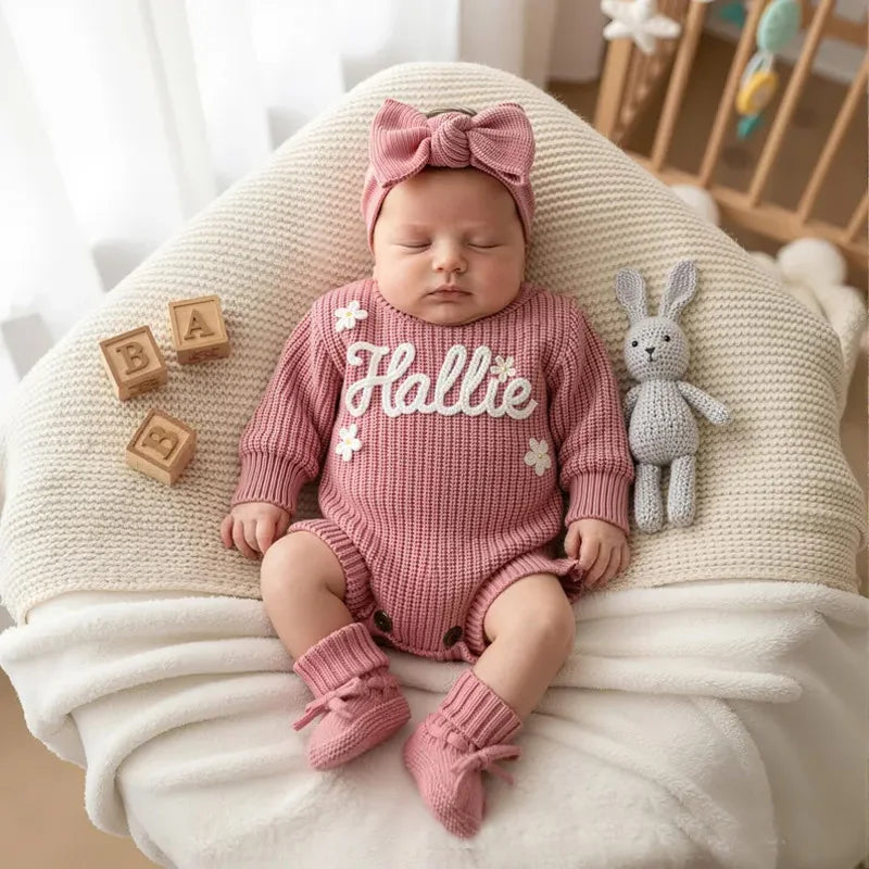 Personalized Baby Knit Sweater Romper Set with Name | Custom Newborn Outfit