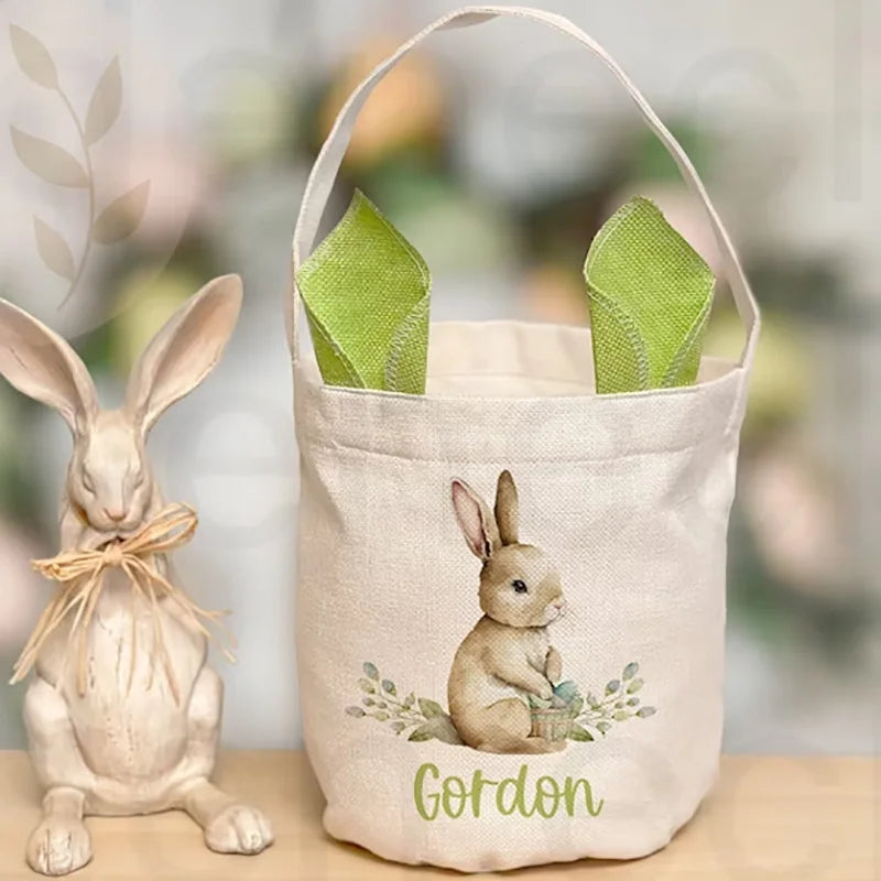 personalised Egg Hunt basket Vintage Bunny rabbit happy Easter Sack rustic Farmhouse decoration children kid boy girl gift bag