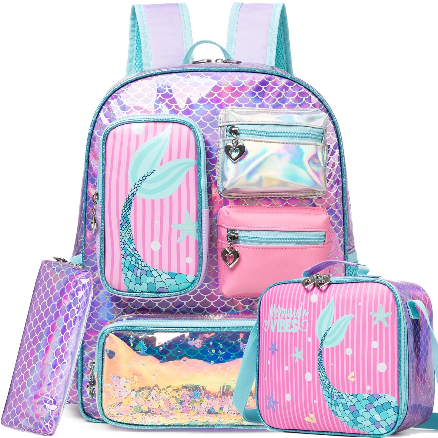 Mermaid-themed backpack set with pink and purple colors on a white background