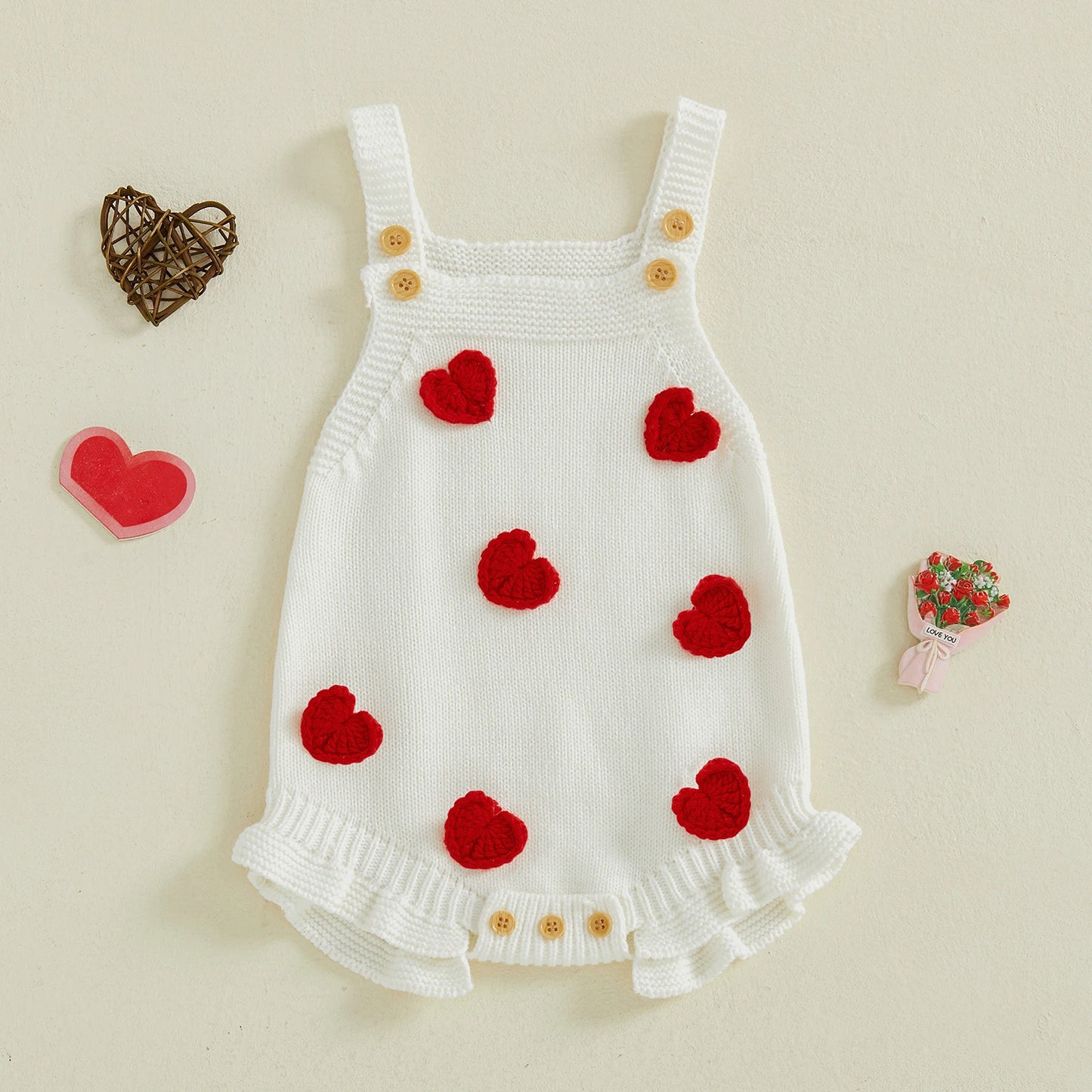 Newborn Valentine Knit Baby Romper Heart Applique Pink and White Baby Girl Outfit