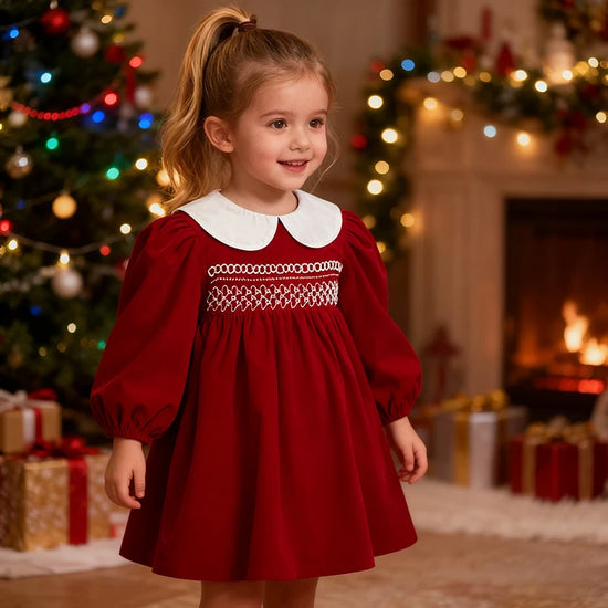 Christmas vintage Red Smocked Holiday Dress for Girls with White Collar | MGK & Co Christmas vintage Red Smocked Holiday Dress for Girls with White Collar | MGK & Co