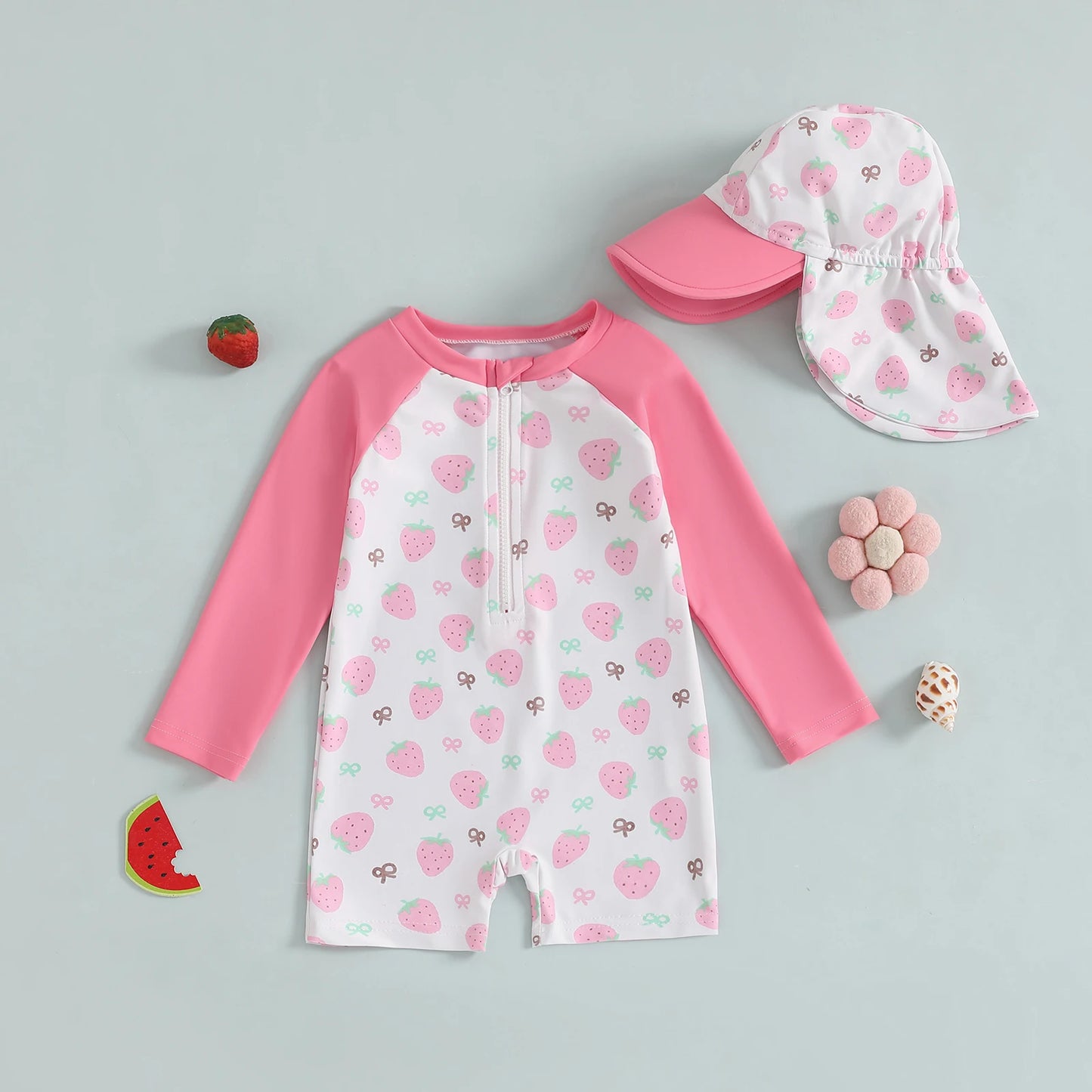 Baby Girl Strawberry Swim Romper Set | UV Sun Hat Summer Swimsuit