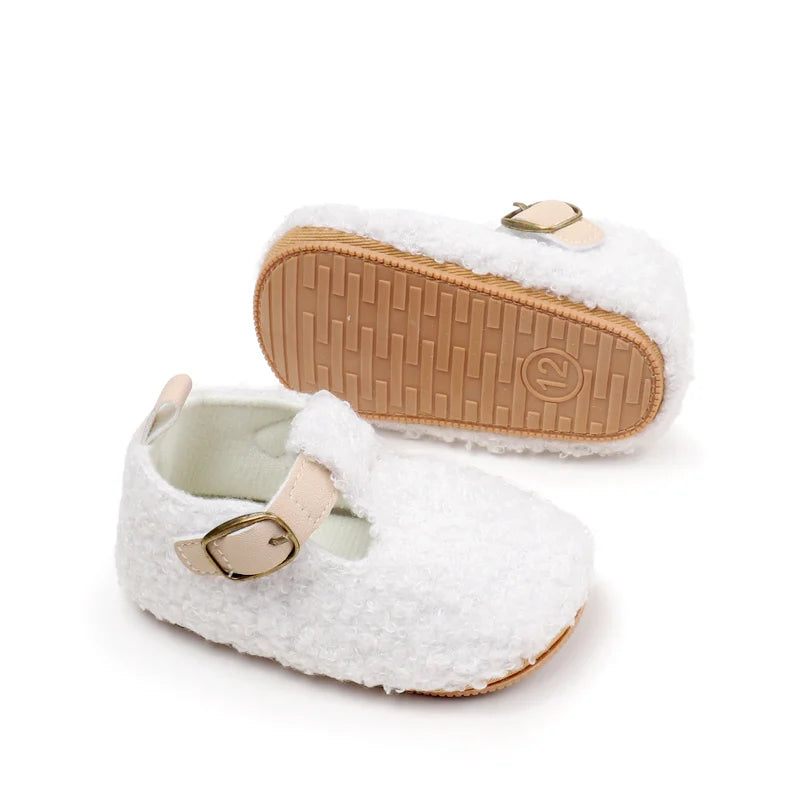 Baby Teddy Fleece Mary Jane Shoes – Soft Cozy Buckle Crib Shoes for Baby Girls