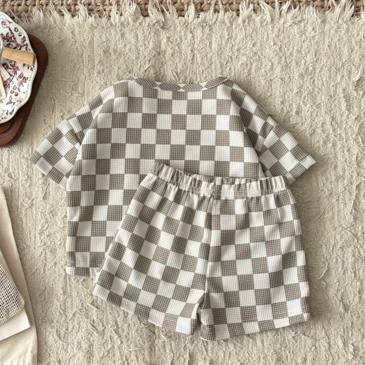 Toddler Checkered Outfit Set | Neutral Baby Summer T-Shirt & Shorts Set