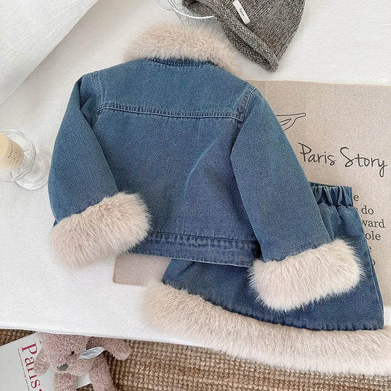 Retro Denim Faux Fur Kids Set | Autumn 2-Piece Jacket & Skirt Outfit