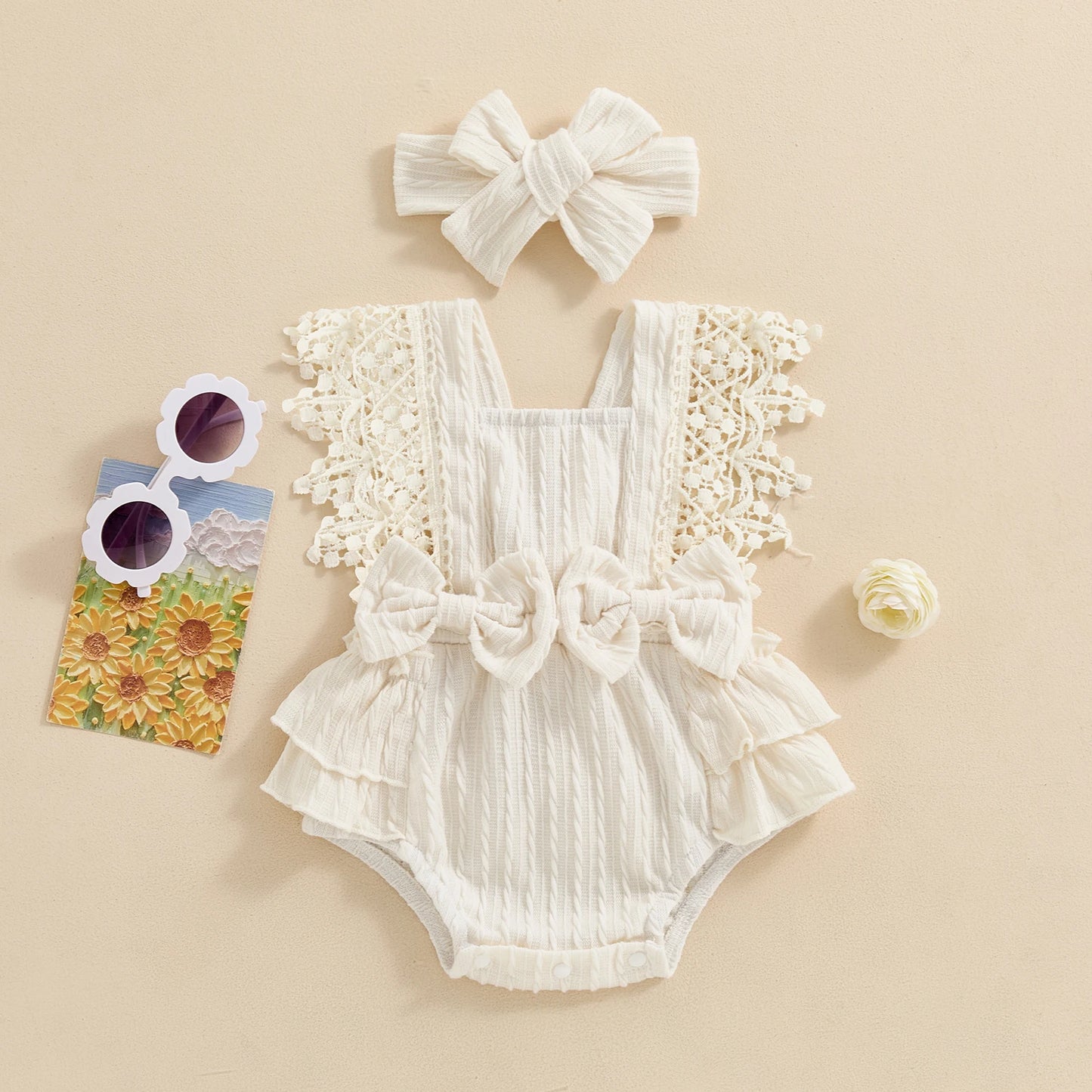 Baby Girl Lace Bow Romper Set | Newborn Summer Outfit