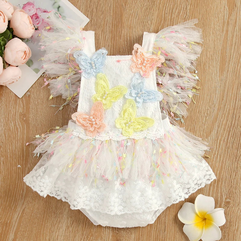 Baby Lace Romper Dress | Newborn Butterfly tussle Princess Outfit Toddler Party Dress