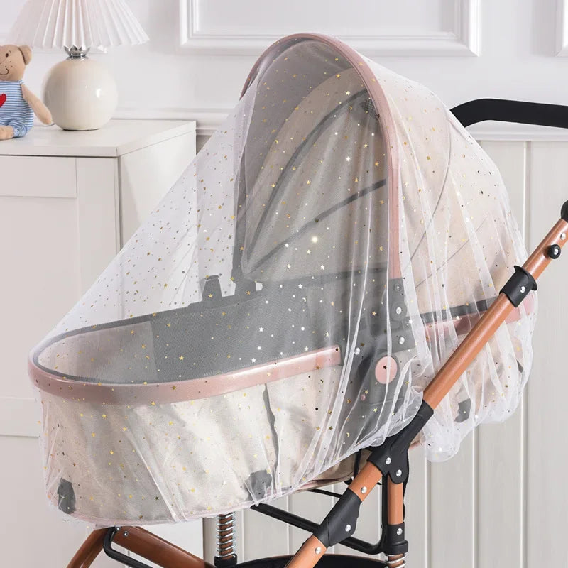 Baby stroller mosquito net cover with breathable sheer mesh and shimmering star design