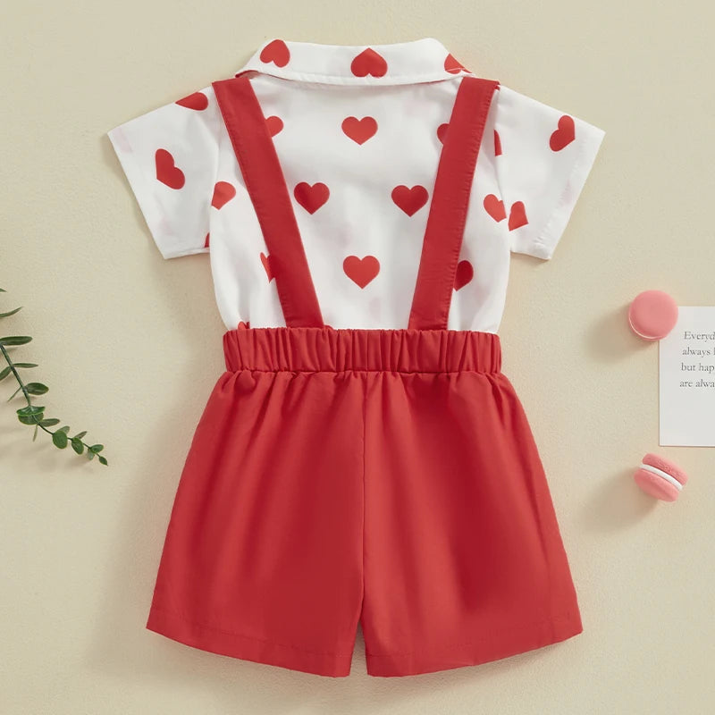 Valentine Baby Boy Outfit Heart Print Bodysuit with Red Bow Tie and Suspender Shorts