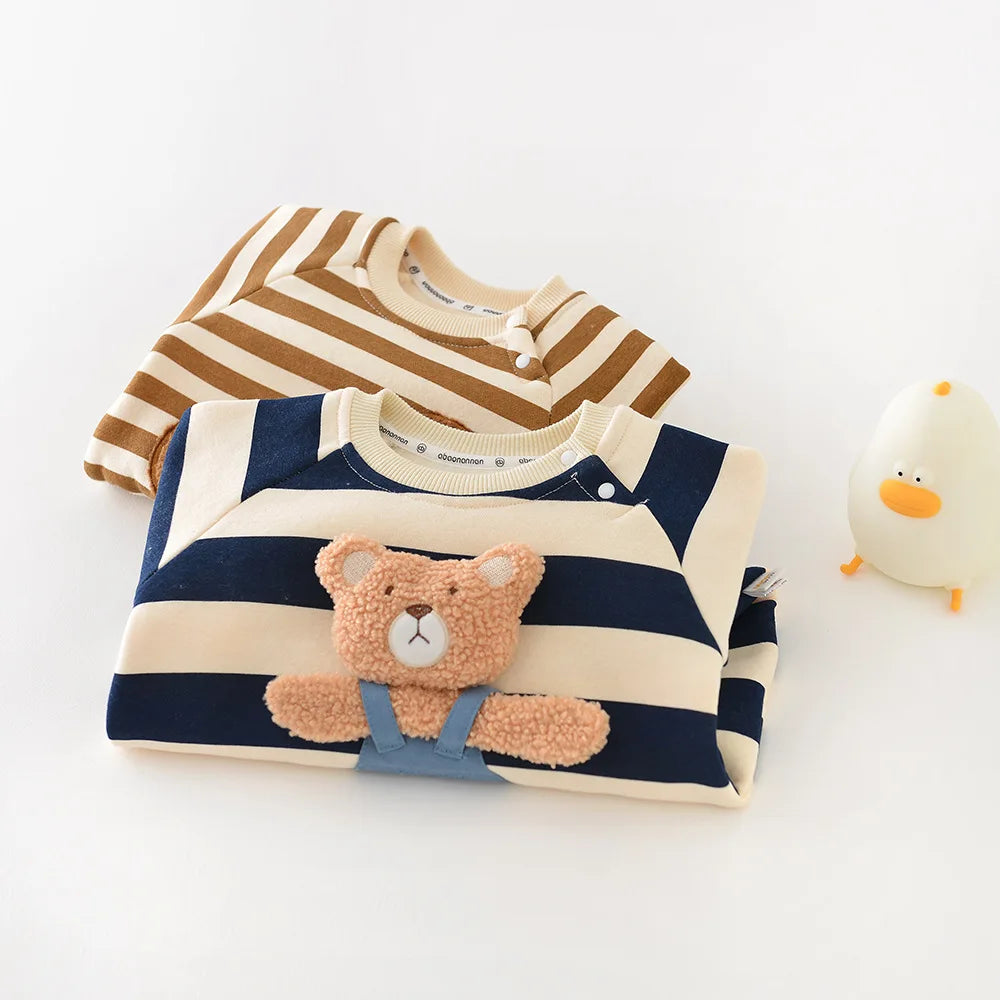 Popular Baby Rompers Thicken Lining Boys Clothes Striped Girls Jumpsuits Bear Outfit