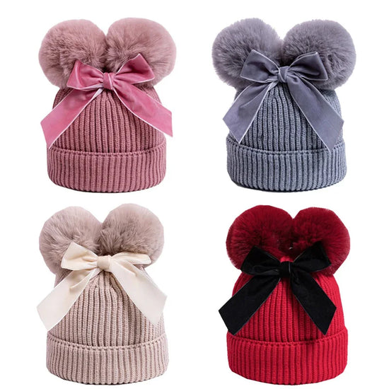 Pompom Bow Kids Beanie