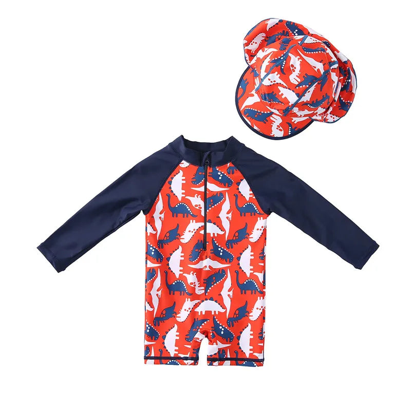 Baby Boy Swimsuit With Hat | UPF50+ Sun Protection Swimwear | Long Sleeve Beach & Pool Outfit