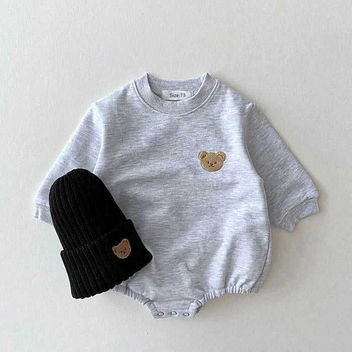 Baby Unisex Long Sleeve Romper | Soft Cotton Bear Embroidered Infant Bodysuit