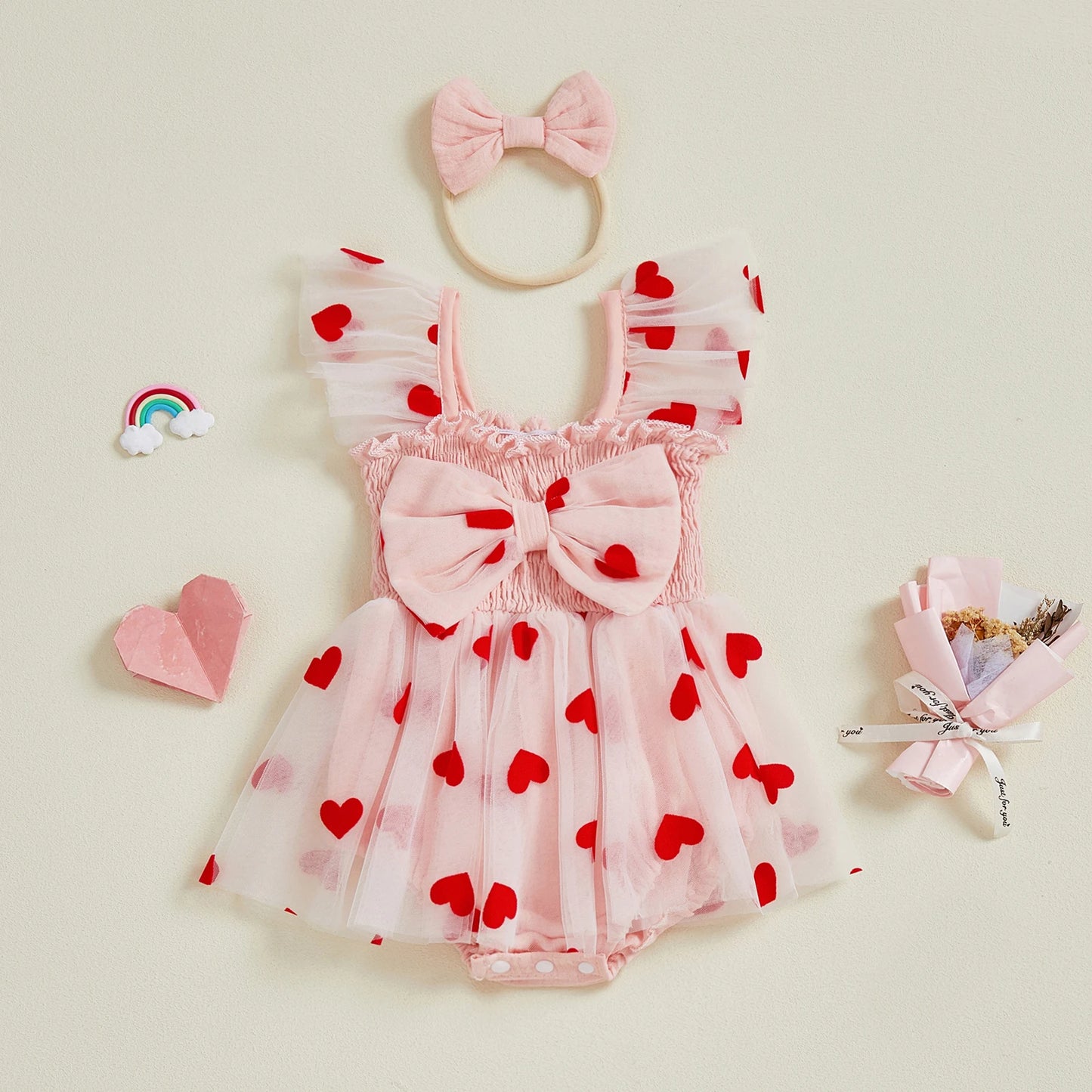 Valentine Baby Girl Tulle Romper Dress | Heart Print Bow Outfit