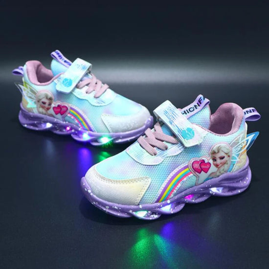 Princess LED Casual Sneakers Pink Purple For Spring Girls Princess Print Outdoor Shoes Children Lighted Non-slip Shoes