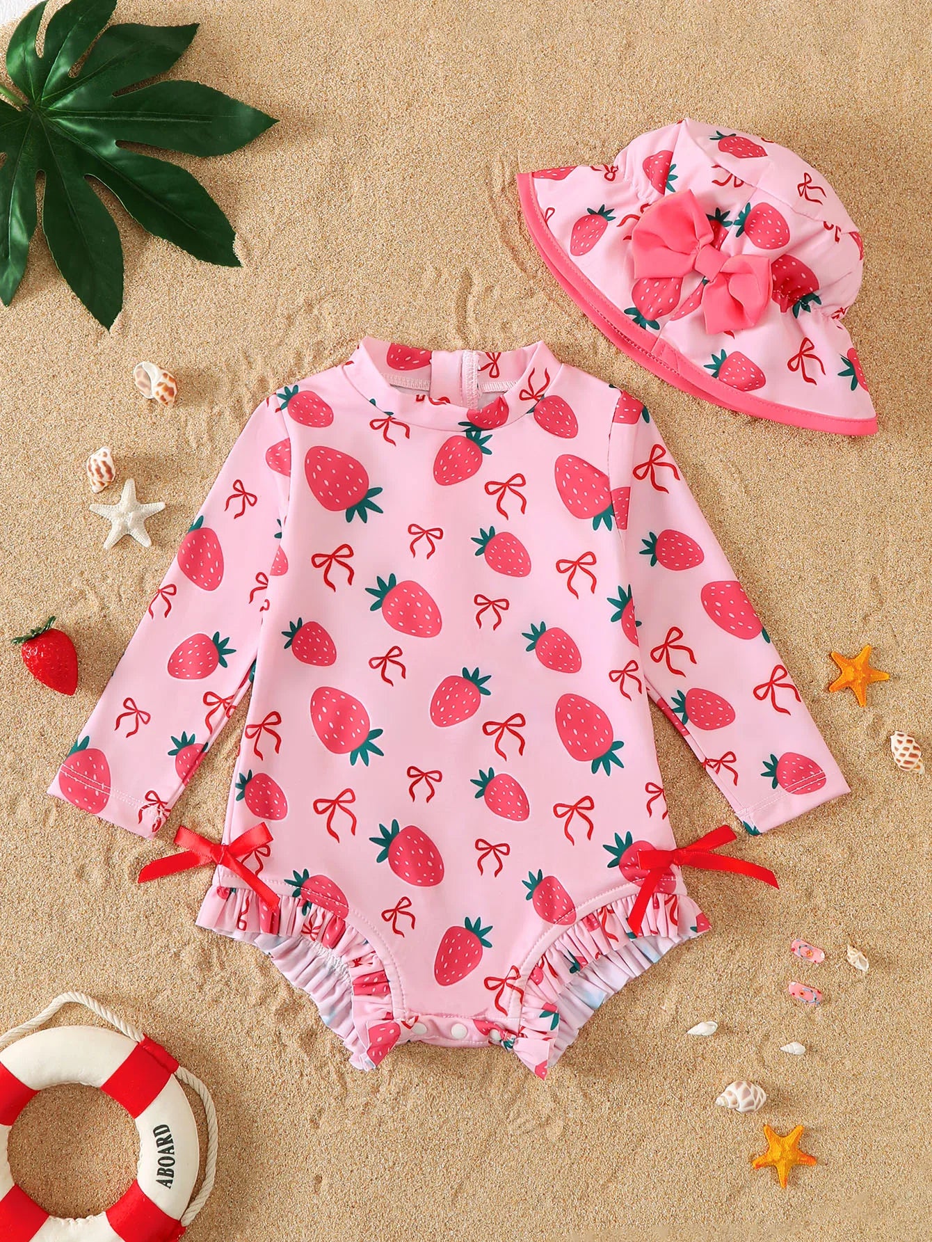 Traje de baño de fresa para bebé niña con gorro, UPF50+ Traje de baño de manga larga, Ropa de protección solar para playa y piscina de verano
