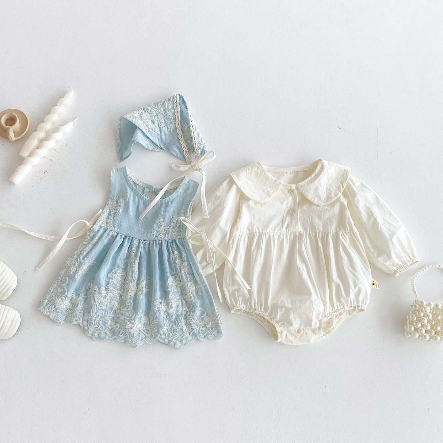 Baby Girl Light Blue Lace Romper Set | Newborn Vintage Outfit