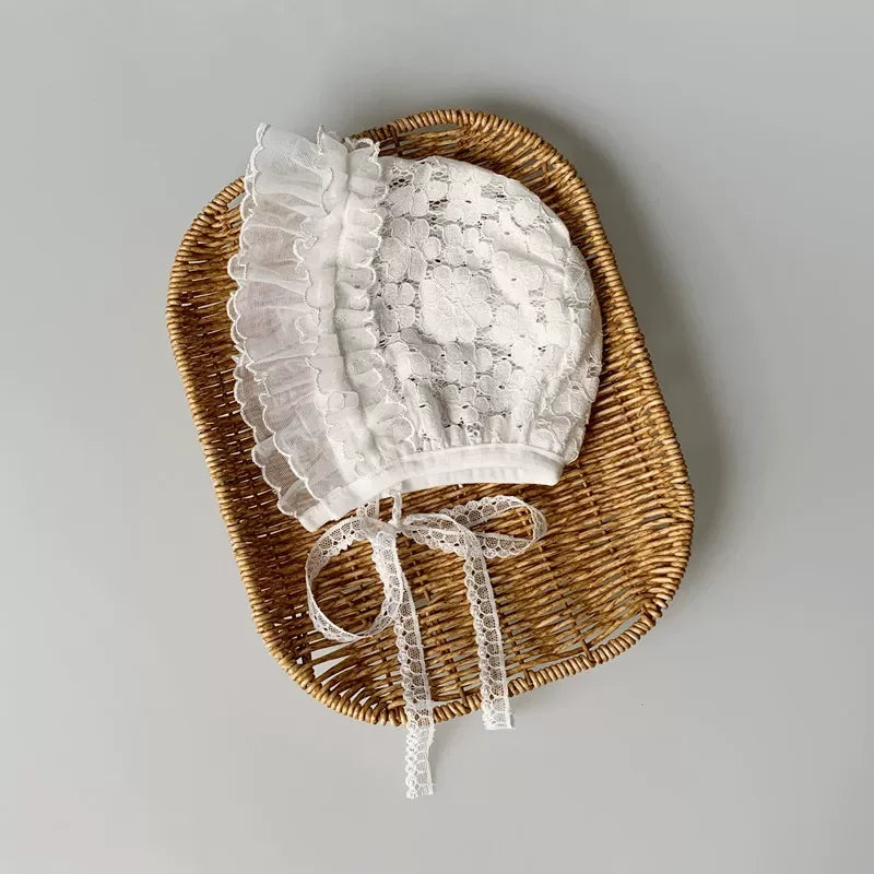 Baby Girl Lace Bonnet | White Ruffle Newborn Photo Hat