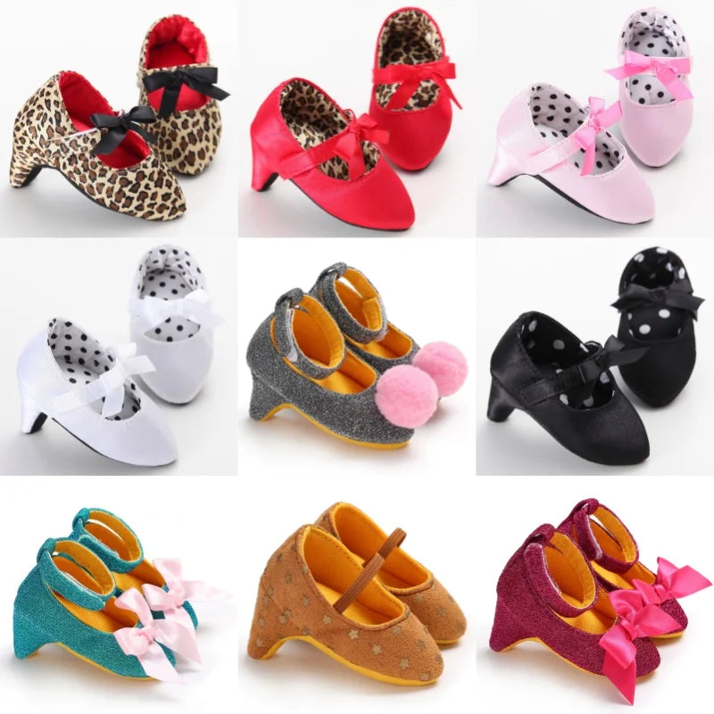 Collage of various children's shoes with bows in different colors and designs.
