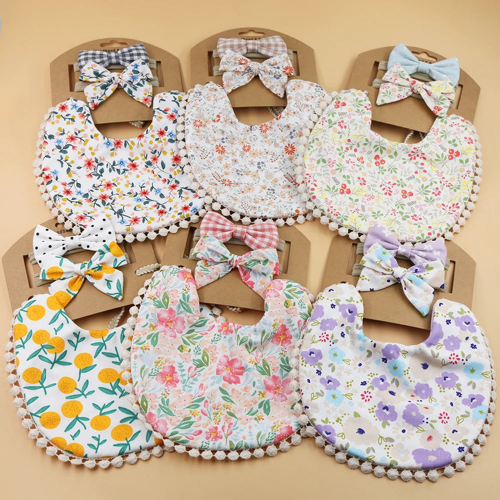 3-Piece Baby Bib & Headband Set – Cotton Pom Pom Bib with Matching Bow