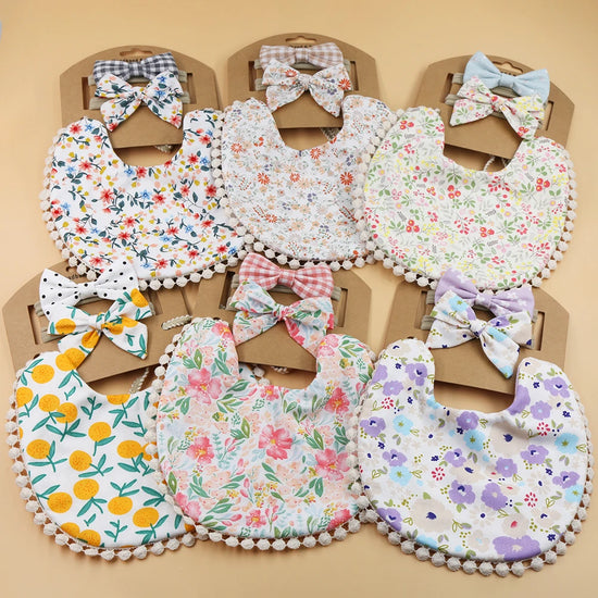 3-Piece Baby Bib & Headband Set – Cotton Pom Pom Bib with Matching Bow
