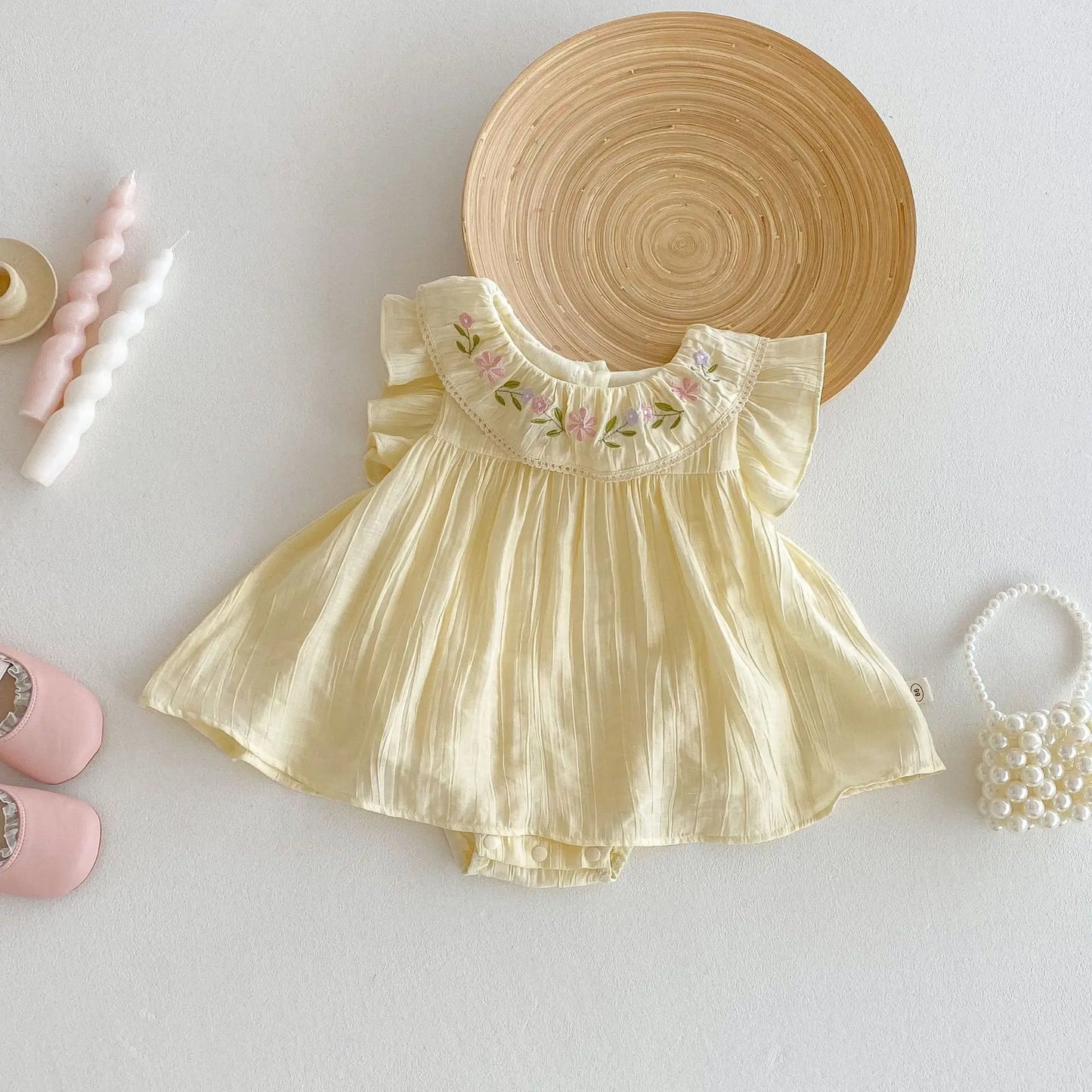 Baby Girl Yellow Dress Romper | Floral Embroidered Summer Outfit