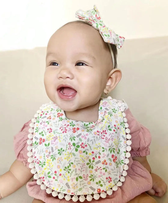 3-Piece Baby Bib & Headband Set – Cotton Pom Pom Bib with Matching Bow