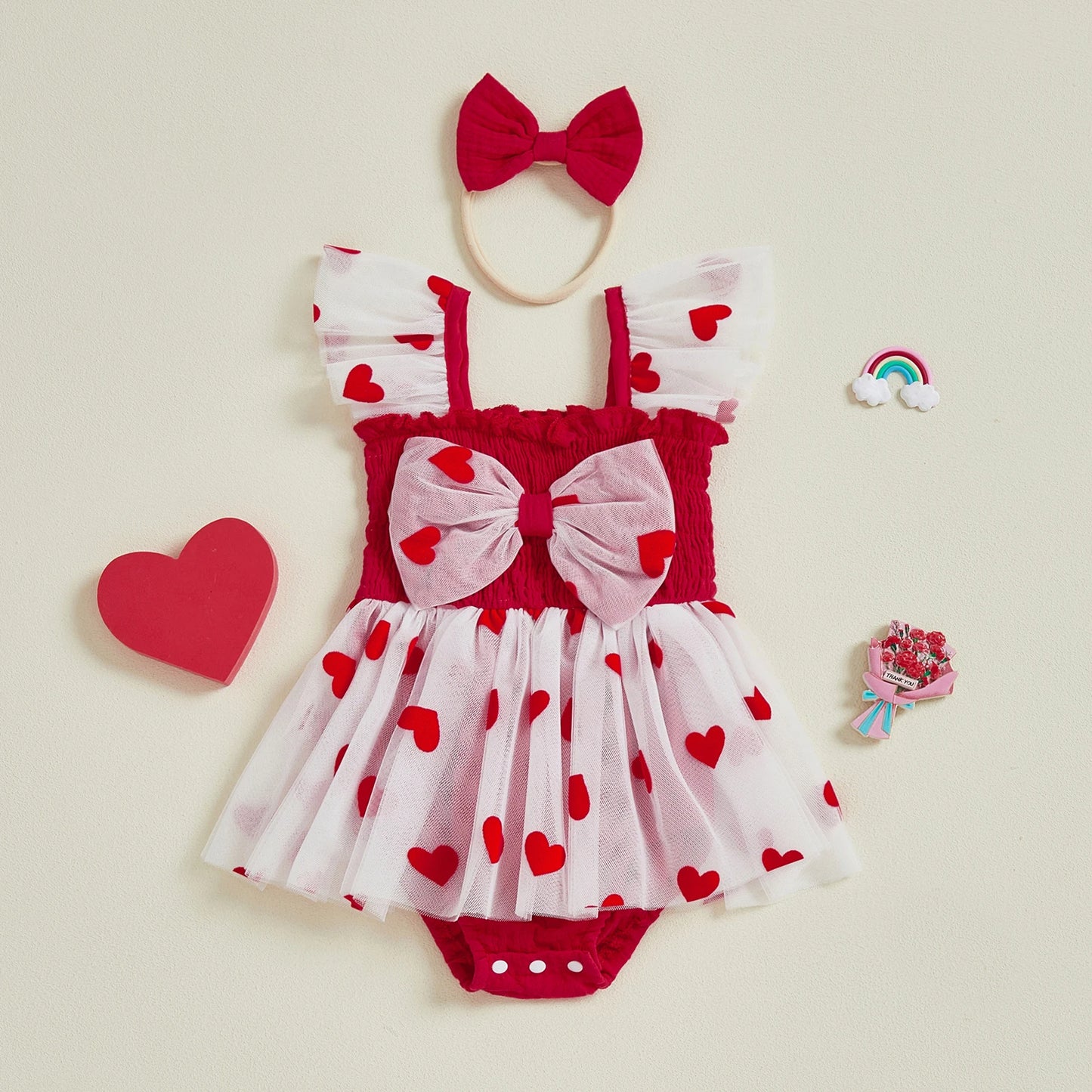 Valentine Baby Girl Tulle Romper Dress | Heart Print Bow Outfit