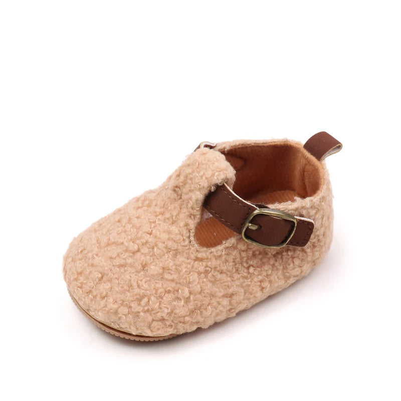 Baby Teddy Fleece Mary Jane Shoes – Soft Cozy Buckle Crib Shoes for Baby Girls