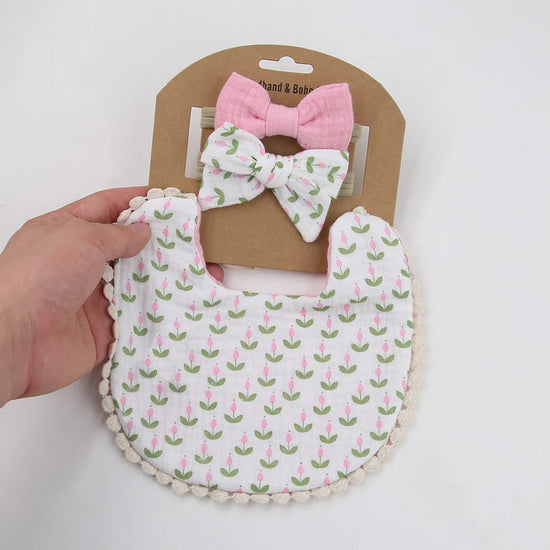 3-Piece Baby Bib & Bow Set – Reversible Cotton Bib with 2 Matching Headbands