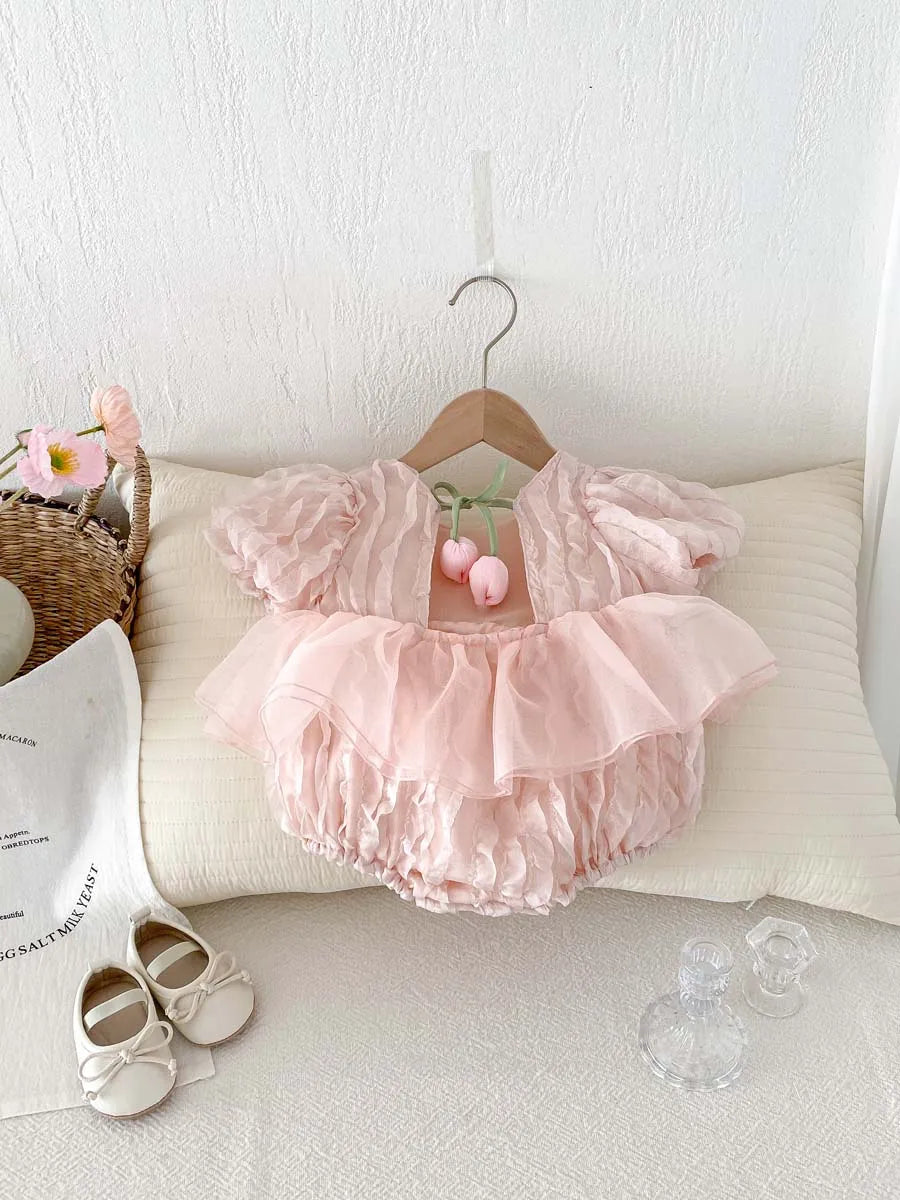 Baby Girl Peplum Tulle Dress Romper | Ruffle Puff Sleeve Outfit