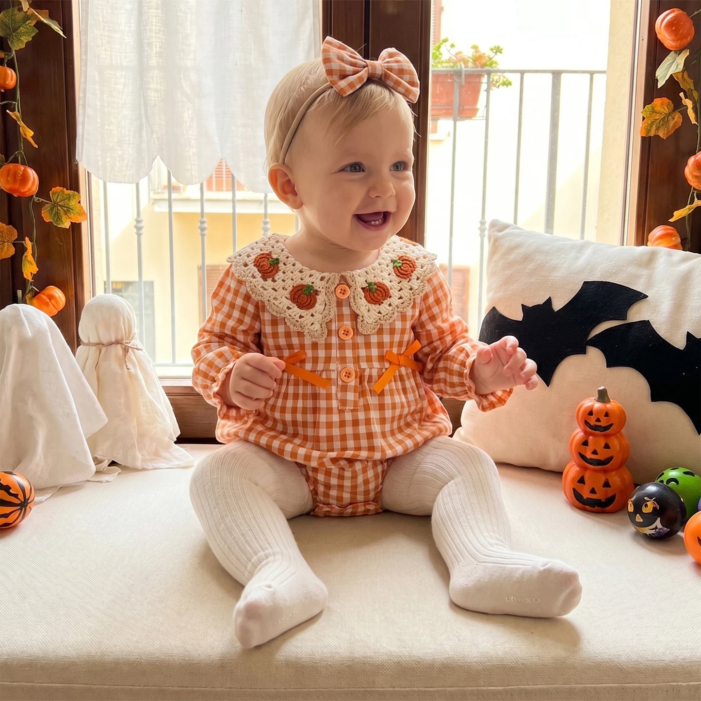 Pumpkin Gingham Baby Romper with Crochet Collar & Matching Bow Headband