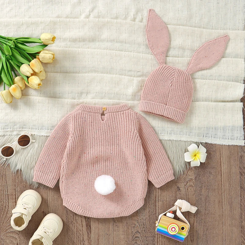 My First Easter Baby Bodysuit with Bunny Ear Hat | Knit Baby Romper Set | Newborn Easter Outfit 0-12M