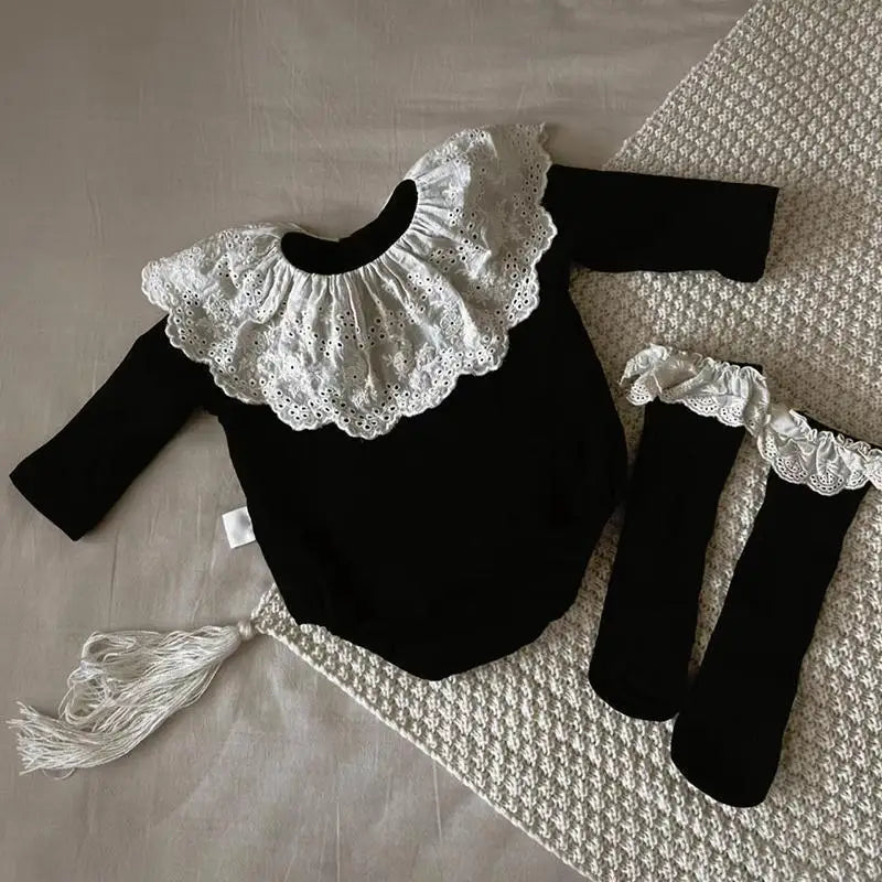 Baby Girl Black Lace Romper Set | Vintage Collar Outfit | Newborn Toddler Bodysuit with Knee High Socks