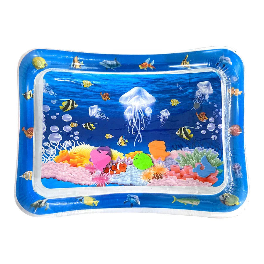 Inflatable pool with ocean-themed design featuring fish and coral on a white background