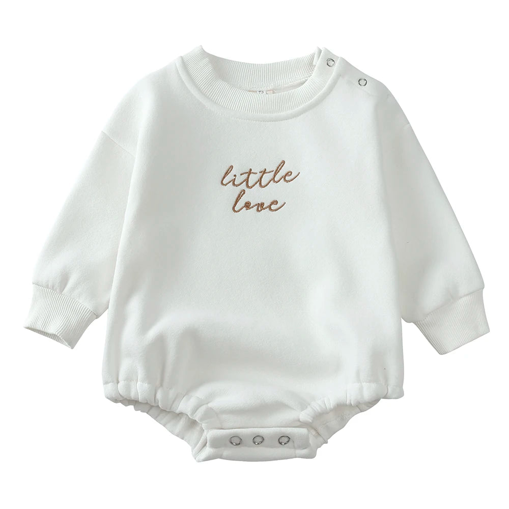 Little Love Embroidered Baby Romper Sweater Romper | Cozy Long Sleeve Onesie | Neutral Baby Outfit | White Sage Brown Grey | Baby Shower Gift