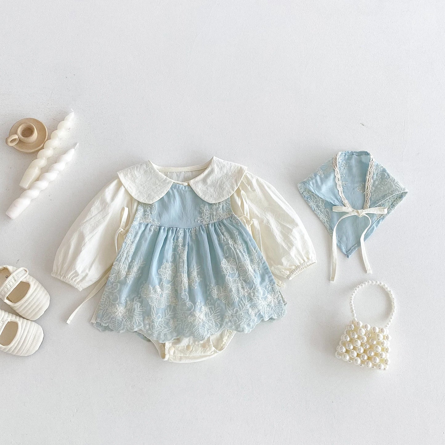 Baby Girl Light Blue Lace Romper Set | Newborn Vintage Outfit