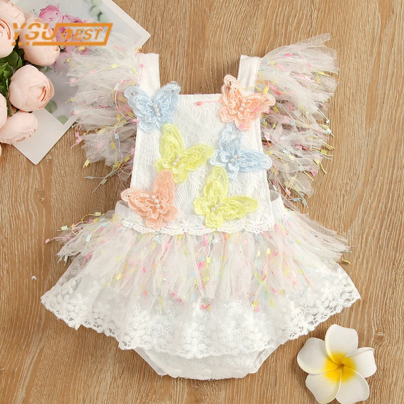 Baby Lace Romper Dress | Newborn Butterfly tussle Princess Outfit Toddler Party Dress