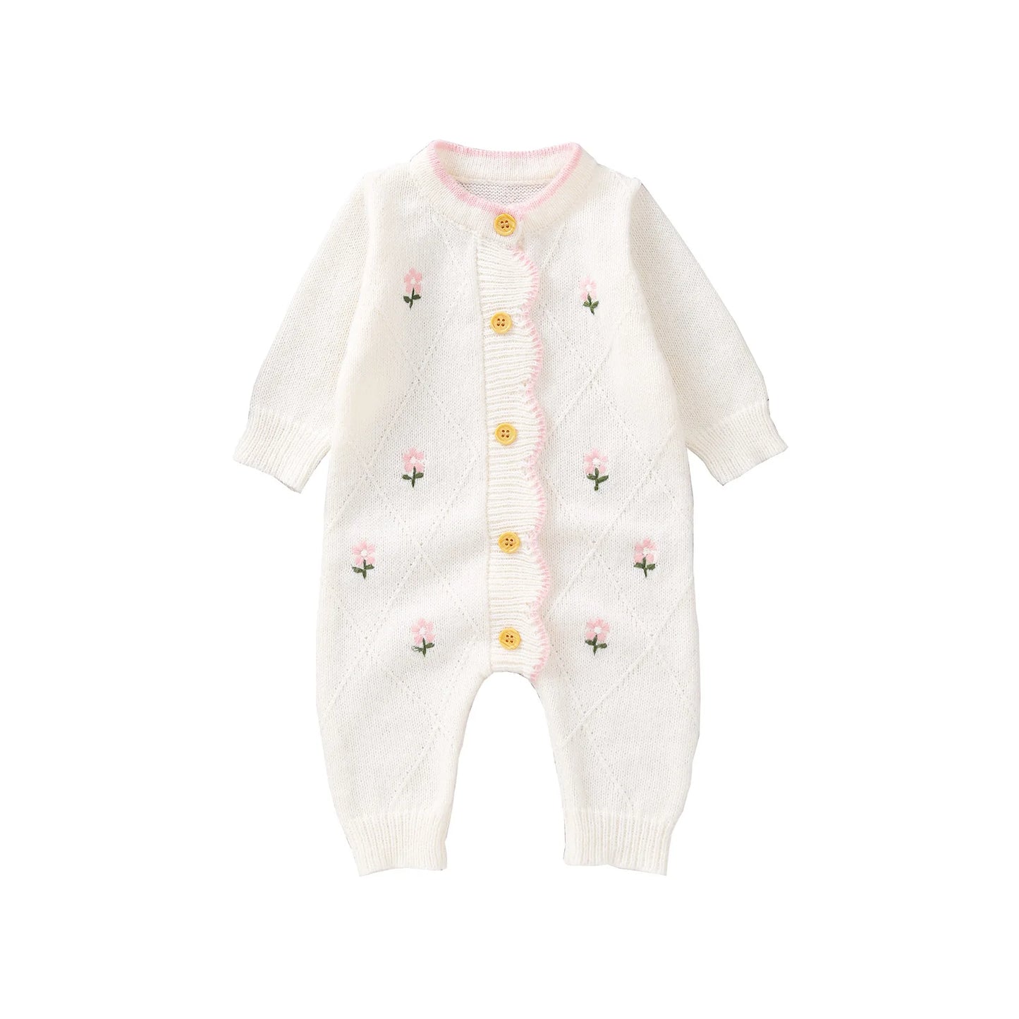 Baby Girl Knitted Jumpsuit | Floral Embroidery Footed Outfit