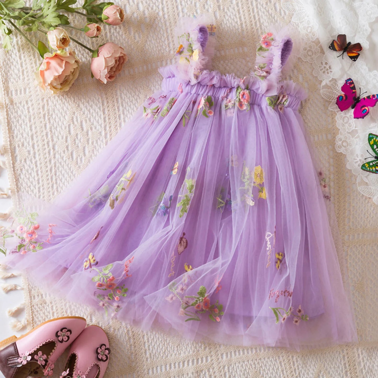 Baby Girl Floral Tulle Dress | Embroidered Princess Party Dress for Toddler