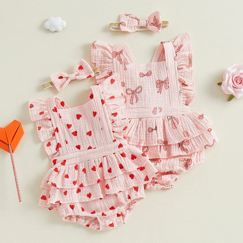 Valentine Baby Romper Set Pink Heart & Bow Ruffle Outfit with Matching Headband
