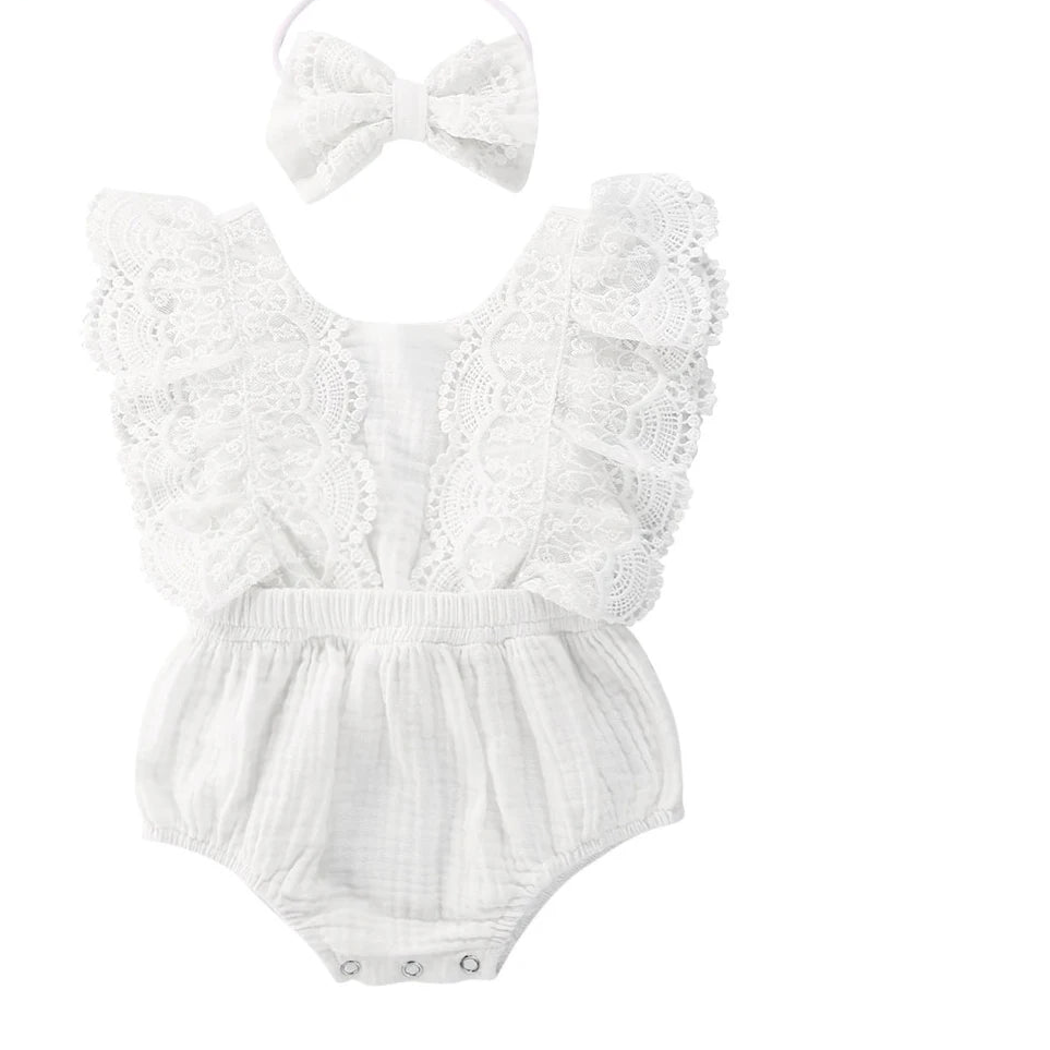Baby Girl White Lace Romper | Newborn Ruffle Outfit with Headband