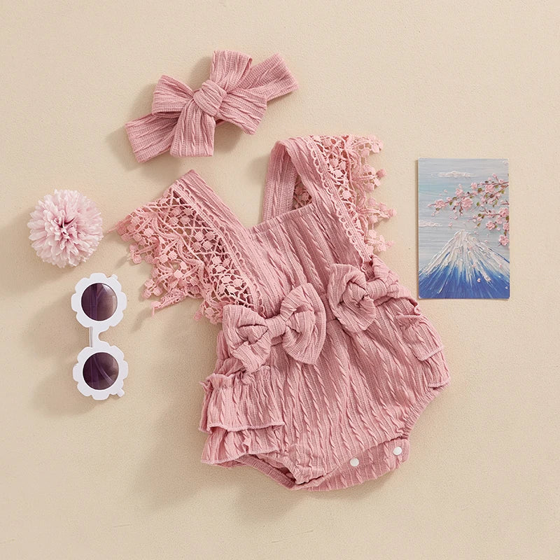 Baby Girl Lace Bow Romper Set | Newborn Summer Outfit