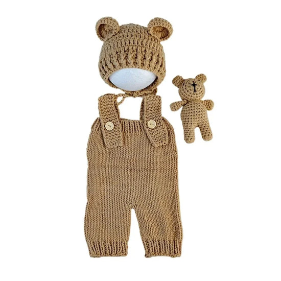 3pcs Newborn Photography Outfit | Knit Romper, Bear Hat & Teddy Set