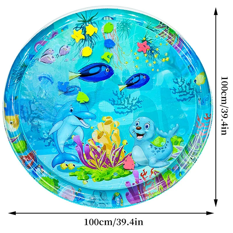 Large Baby Water Play Mat – Inflatable Round Cushion with Dolphin & Seal Pattern | Safe PVC Baby Tummy Time Toy