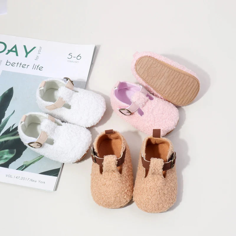 Baby Teddy Fleece Mary Jane Shoes – Soft Cozy Buckle Crib Shoes for Baby Girls