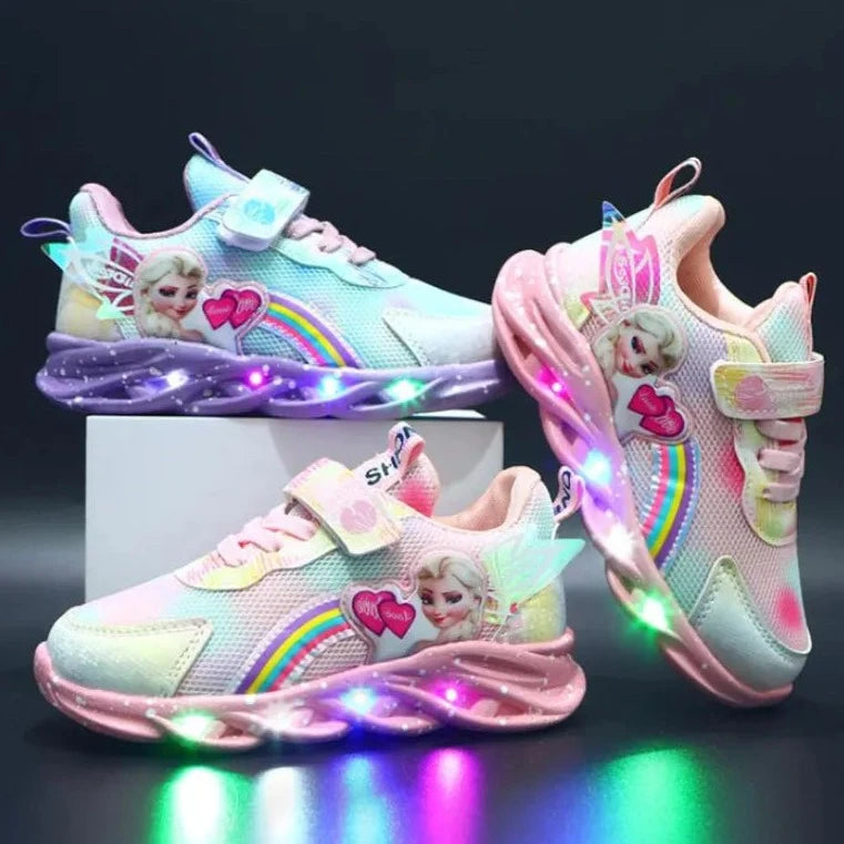 Princess LED Casual Sneakers Pink Purple For Spring Girls Princess Print Outdoor Shoes Children Lighted Non-slip Shoes