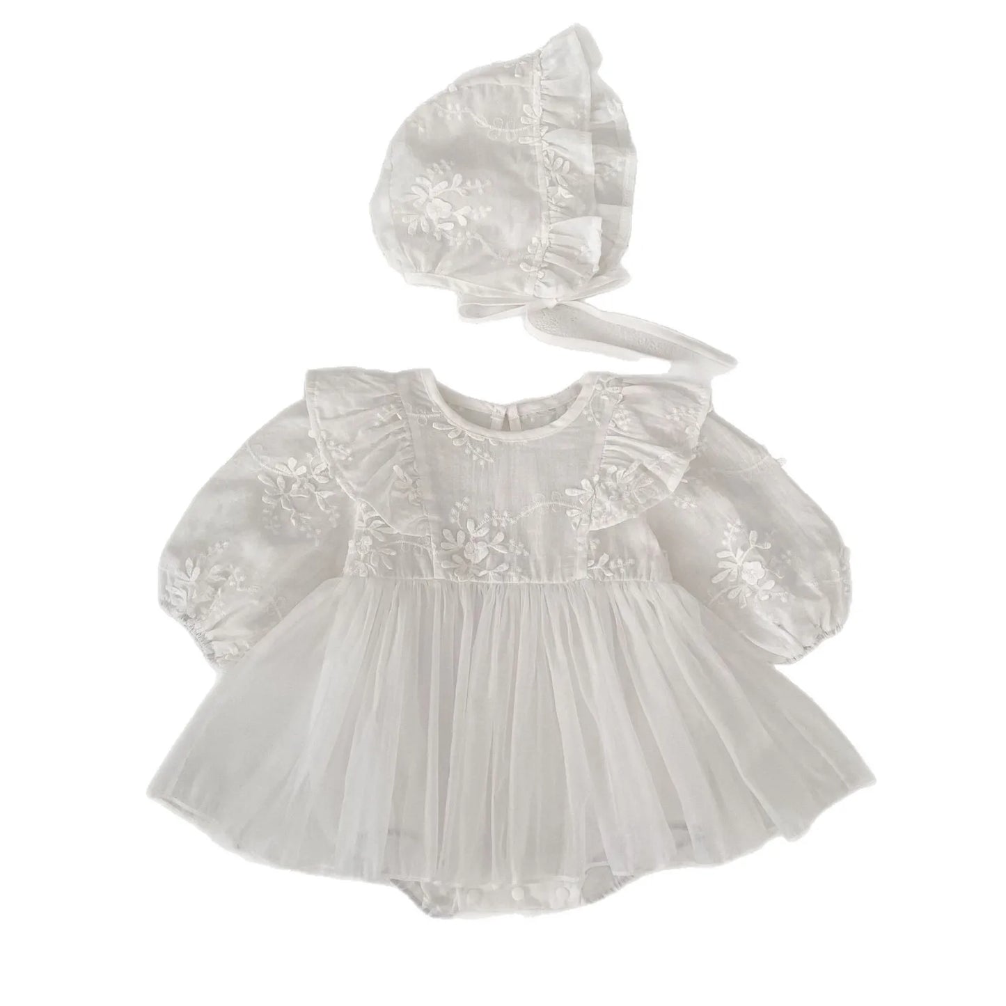 Baby Girl White Lace Romper Set | Princess Outfit with Bonnet
