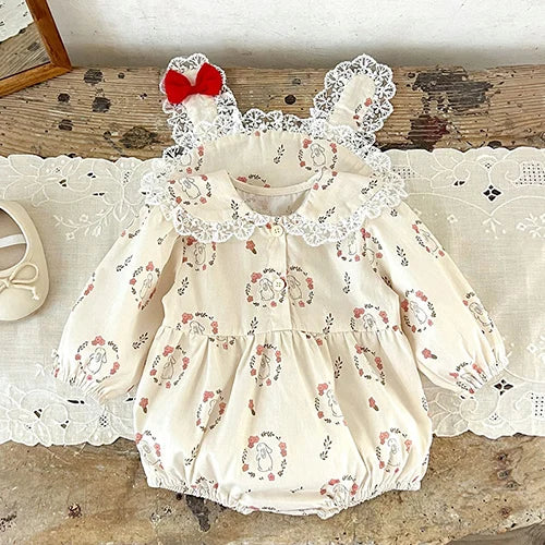 Baby Girl Lace Romper | Newborn Retro Printed Outfit